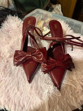 Zara Patent Burgundy Pointed Bow Slingback Flats
